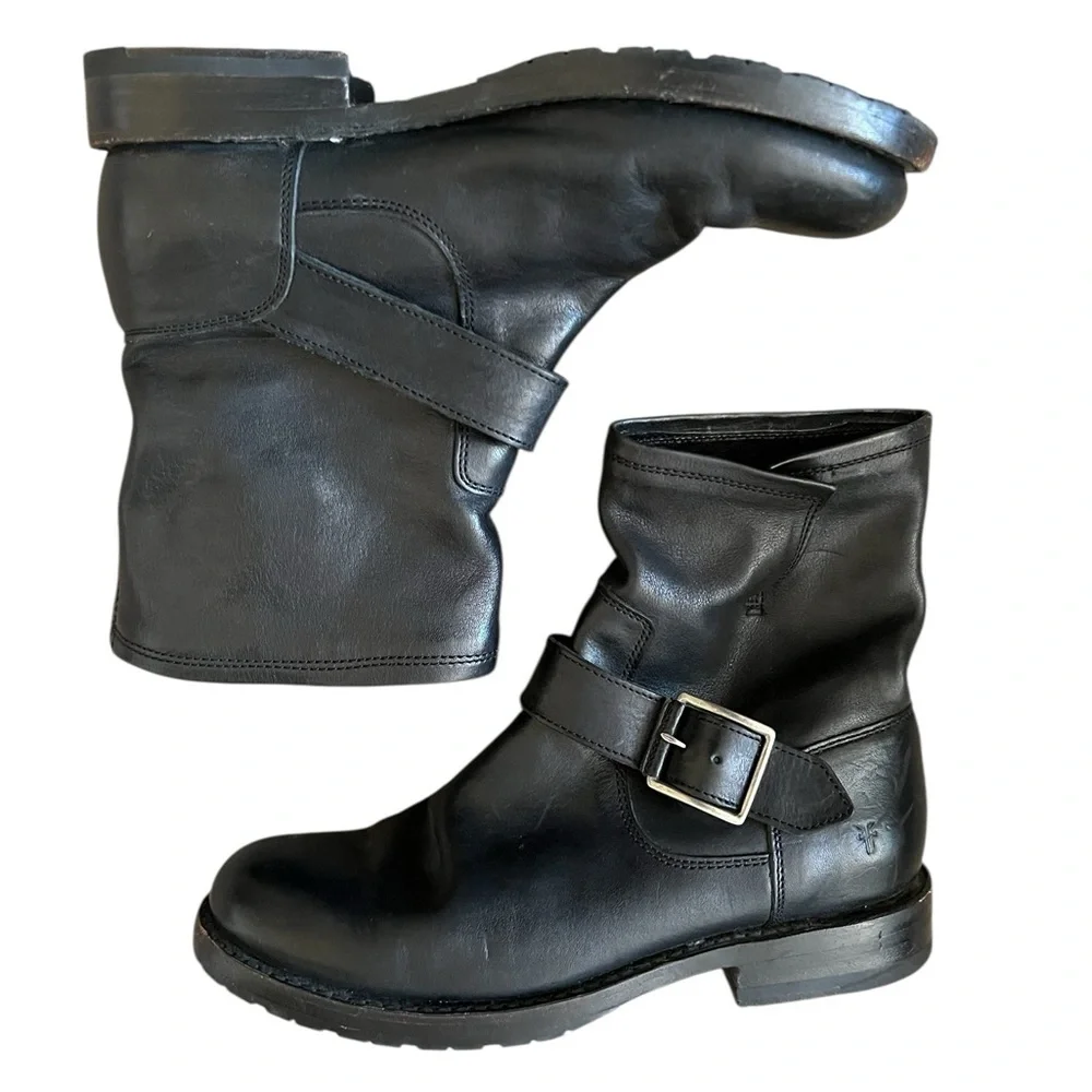 Frye Natalie short engineer black leather ankle boots with silver hardware
